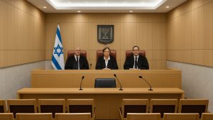 שלושה שופטים בגלימות שחורות יושבים באולם בית המשפט עם דגל וסמל.