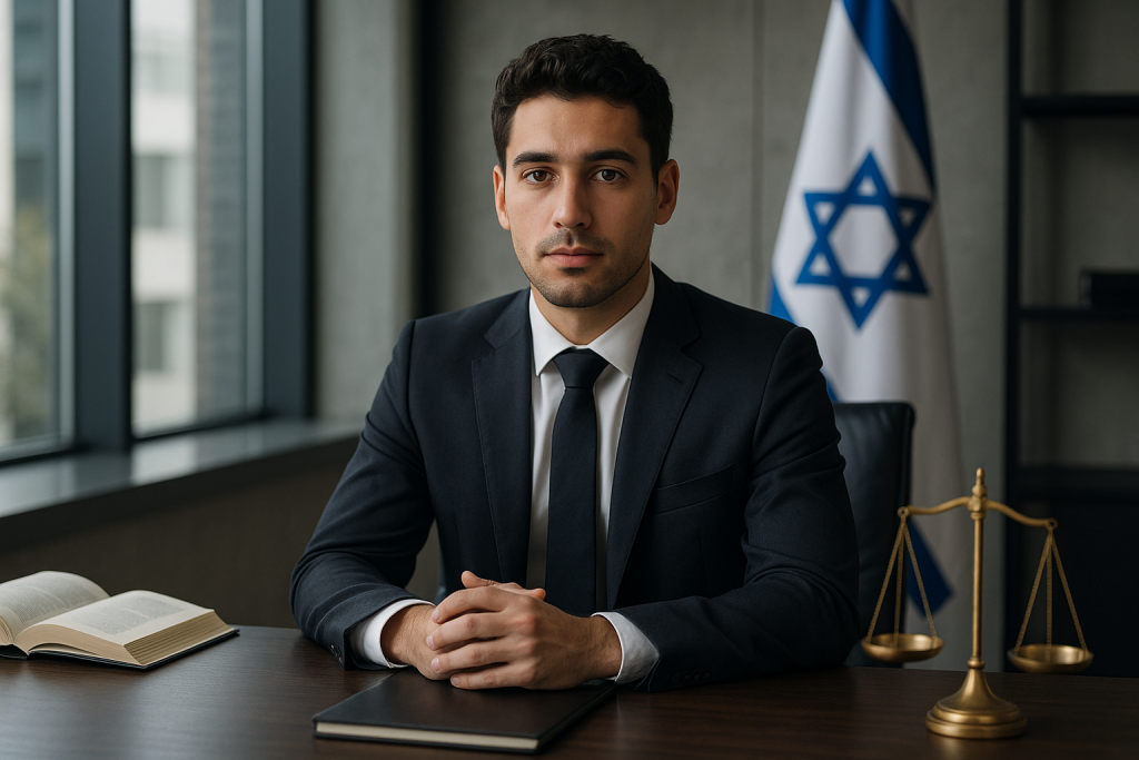 גבר בחליפה יושב ליד שולחן עם ספר ומאזני צדק, עם דגל ברקע.